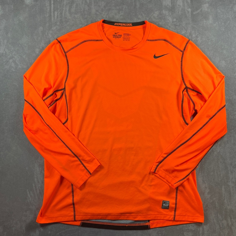 Nike Pro Combat Hypercool Mens XXL Orange Long Sleeve Fitted Dri-FIT Shirt